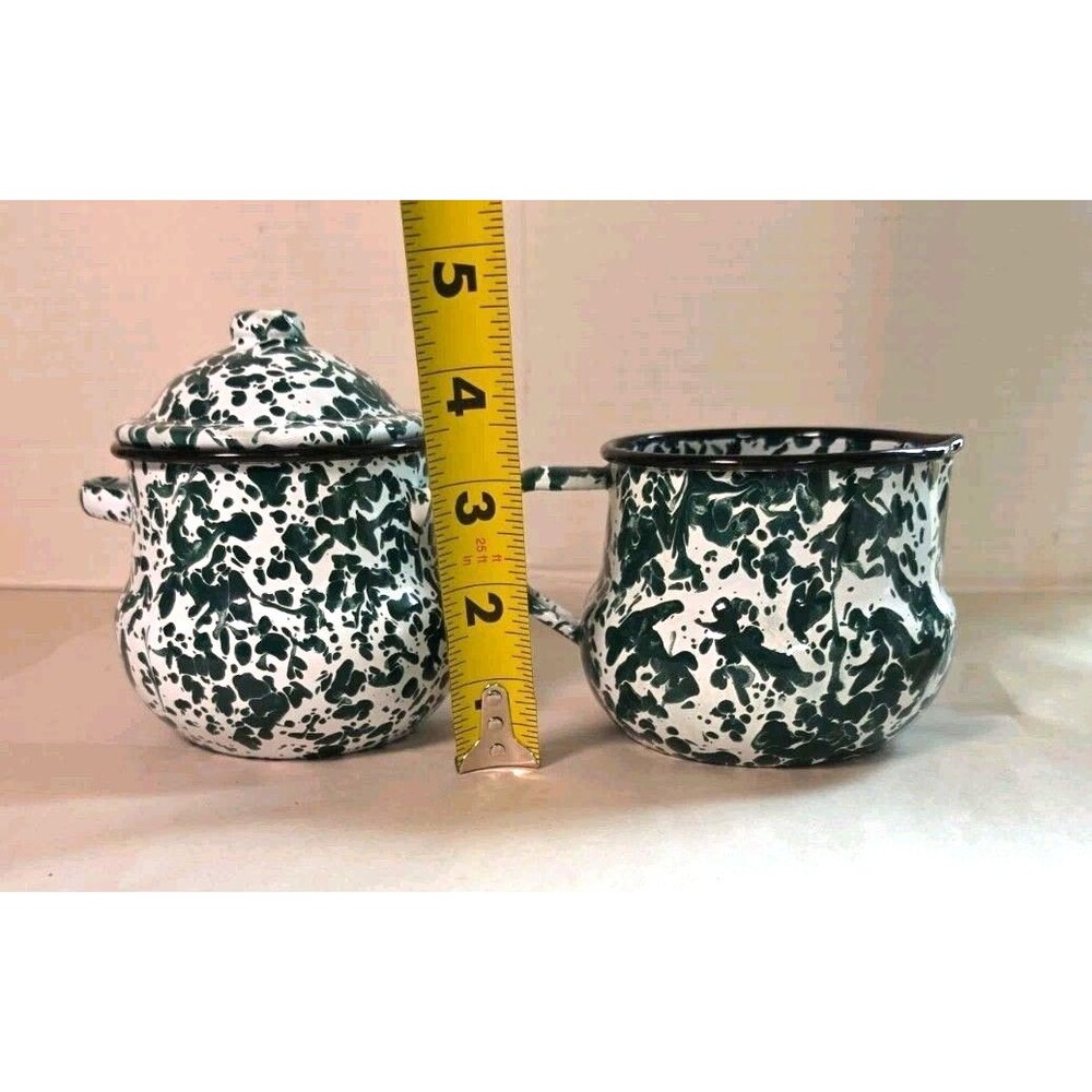 Vintage 6 Pc. Green & White Swirl Enamelware Set Coffee Pot Tray Sugar Creamer - Picture 10 of 11